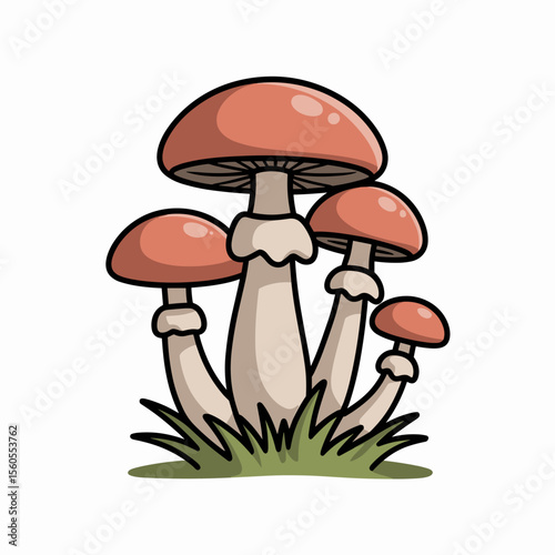 Cartoon illustration of red mushrooms growing in green grass  