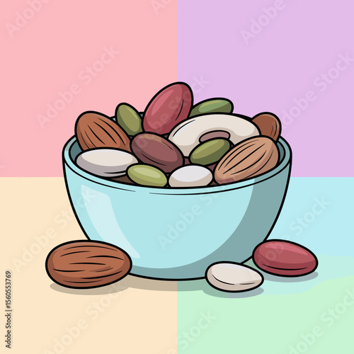 Colorful bowl of mixed nuts on pastel background  