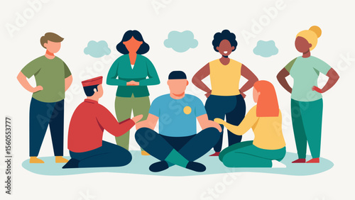 A group of veterans sitting together in a community center all living with posttraumatic stress disorder PTSD. They come together to share their experiences offer one another. Vector illustration