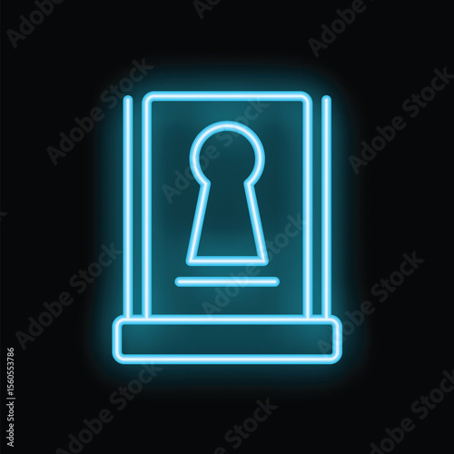 Blue neon sign illustrating a keyhole on a black background