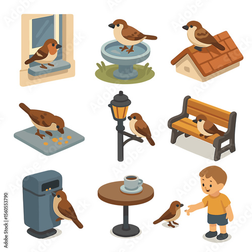 Urban Sparrow Interactions Icons. Isometric Flat icon set of urban sparrow interactions: sparrow on windowsill, birdbath in