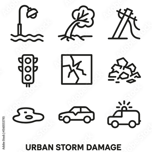 Urban Storm Icons. Outline icon set of urban storm damage: flooded streetlamp, uprooted tree, fallen power line, traffic light