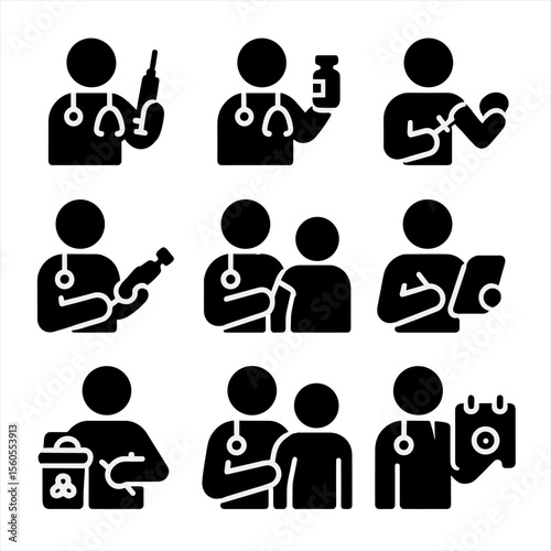 Vaccination Process Icons. Solid, filled icon set of doctor’s actions during vaccination: preparing syringe, checking vial,