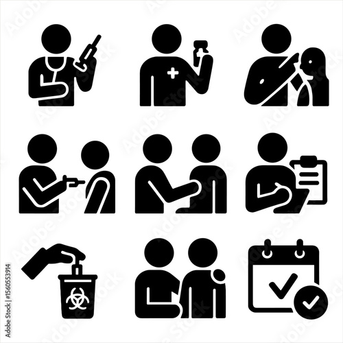 Vaccination Process Icons. Solid, filled icon set of doctor’s actions during vaccination: preparing syringe, checking vial,