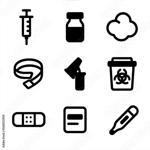Vaccination Tools Icons. Solid, filled icon set of vaccination process tools: injection syringe, vaccine vial, cotton ball,