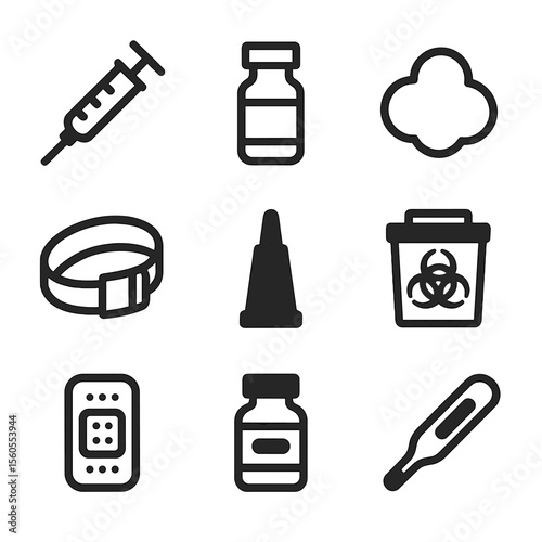 Vaccination Tools Icons. Solid, filled icon set of vaccination process tools: injection syringe, vaccine vial, cotton ball,