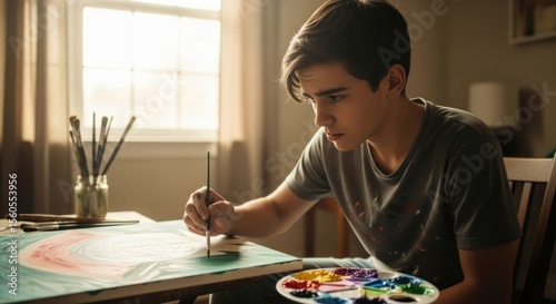 Focused young man paints vibrant artwork at home, sunlight streaming through window.