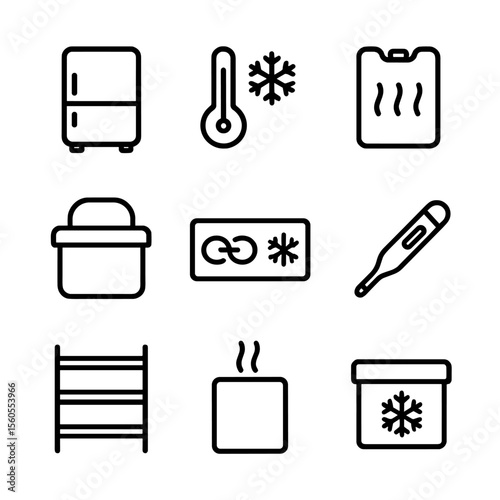 Vaccine Storage Icons. Outline icon set of Vaccine Storage and Cold Chain: medical refrigerator, temperature monitor, ice pack,