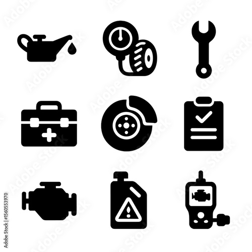 Vehicle Maintenance Icons. Solid, filled icon set of vehicle maintenance for drivers: oil can, tire pressure, wrench icon, toolbox