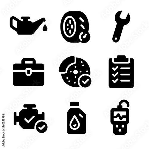 Vehicle Maintenance Icons. Solid, filled icon set of vehicle maintenance for drivers: oil can, tire pressure, wrench icon, toolbox