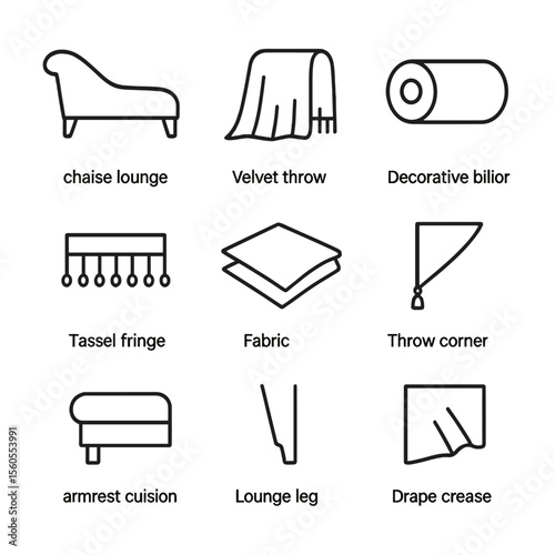 Velvet Throw Icons. Outline icon set of Velvet Throw Styling on Chaise Lounge: chaise lounge silhouette, velvet throw drape,