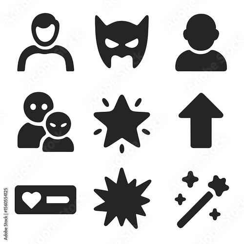 Video Game Icon Grid. Solid, filled icon set of video game characters: hero icon, villain mask, NPC symbol, sidekick figure, power