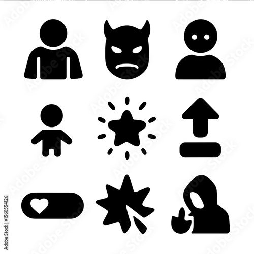 Video Game Icon Grid. Solid, filled icon set of video game characters: hero icon, villain mask, NPC symbol, sidekick figure, power
