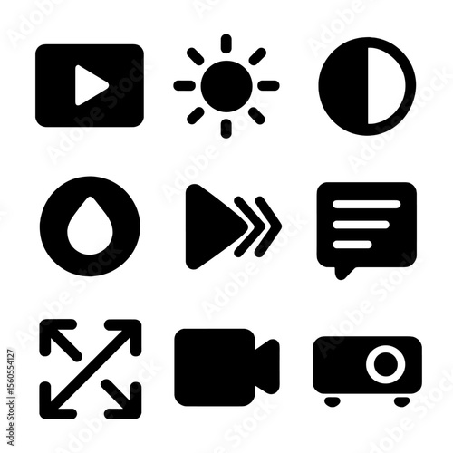 Video Settings Icons. Solid, filled icon set of video settings: resolution, brightness, contrast, saturation, playback speed,