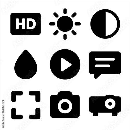 Video Settings Icons. Solid, filled icon set of video settings: resolution, brightness, contrast, saturation, playback speed,