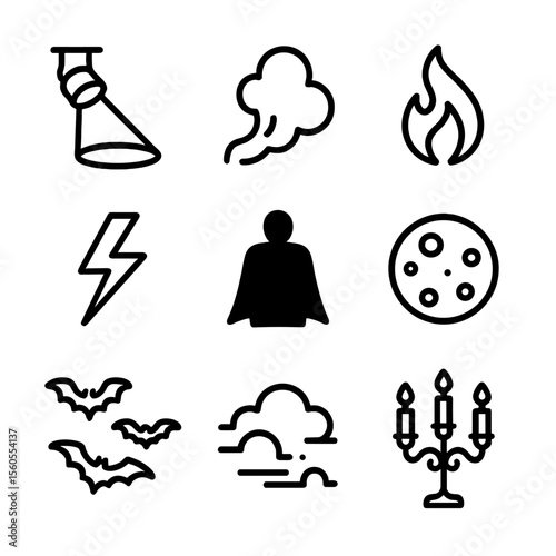 Villain Icon Set. Outline icon set of Villain Lighting and Atmosphere: red spotlight, smoke puff, flame silhouette, lightning bolt