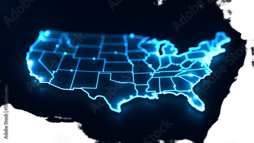 Futuristic Neon U S A Map isolated on a transparent background