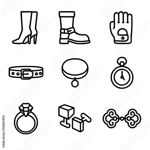Villain Accessory Icons. Outline icon set of Villain Footwear and Accessories: high-heeled boots, leather boots, fingerless gloves