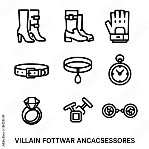 Villain Accessory Icons. Outline icon set of Villain Footwear and Accessories: high-heeled boots, leather boots, fingerless gloves