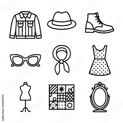 Vintage Market Icons. Outline icon set of Vintage Market Clothing: denim jacket, fedora hat, leather boots, retro sunglasses, silk