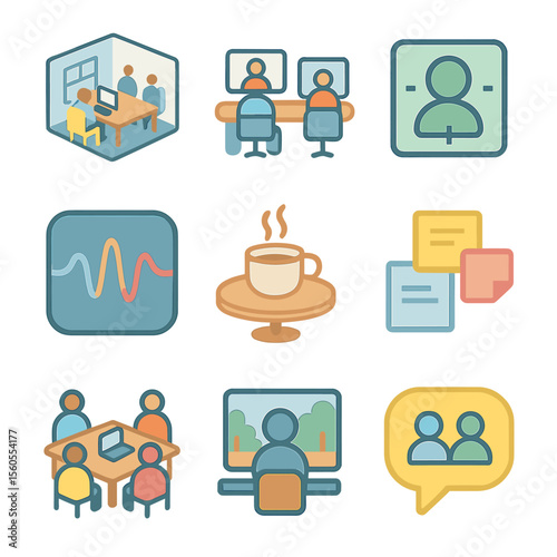 Virtual Co-Working Icons. Isometric Flat icon set of virtual co-working spaces: coworking room layout, shared virtual desk, focus