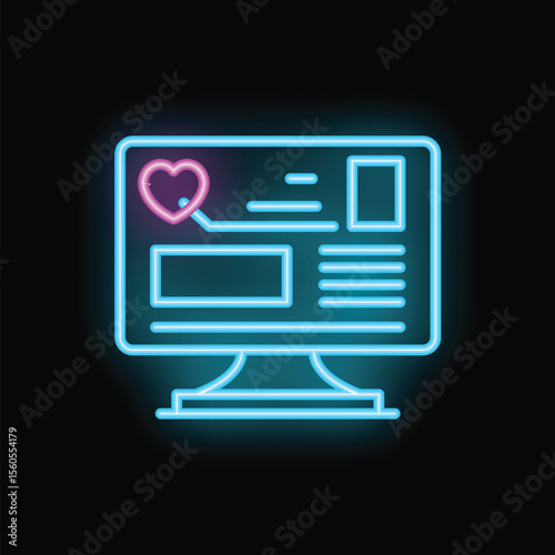 Neon icon of a computer screen displaying a heart symbol, suggesting a dating website, online charity or healthcare platform