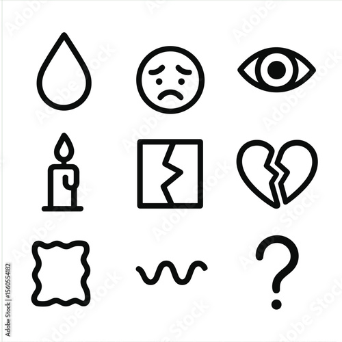 Emotional Icons Grid. Flat icon set of emotional vulnerability: tear drop, furrowed brow, open eye, dripping candle, cracked