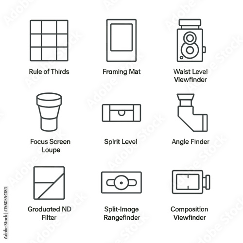 Vintage Photography Icon Set. Outline icon set of photography composition aids (vintage): rule of thirds grid, framing mat,