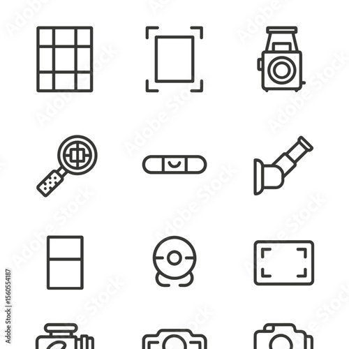 Vintage Photography Icon Set. Outline icon set of photography composition aids (vintage): rule of thirds grid, framing mat,