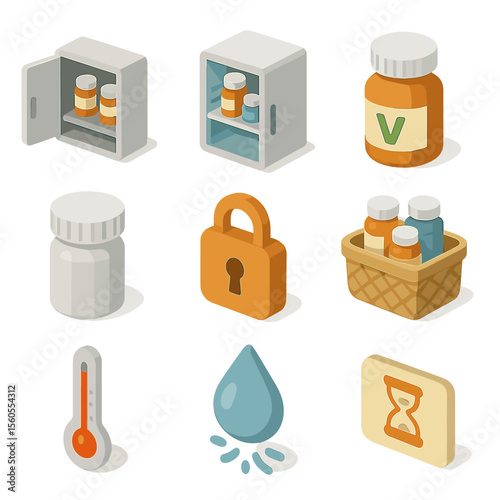 Vitamin Supplement Icons. Isometric Flat icon set of vitamin supplement storage: medicine cabinet, fridge shelf, labeled bottle,