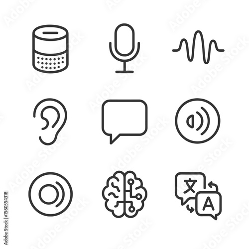 Voice Assistant Icons. Outline icon set of voice assistants: smart speaker, microphone, waveform, listening ear, speech bubble,