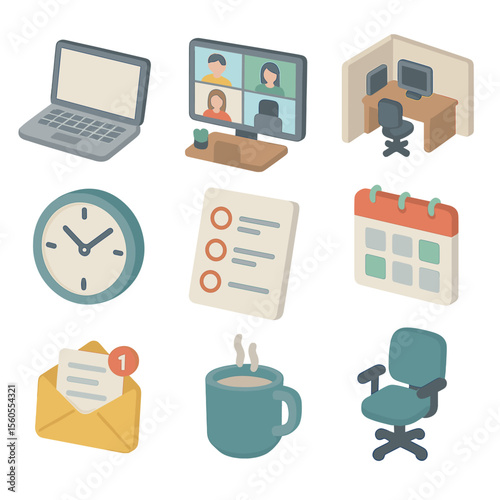 Virtual Workspace Icons. Isometric Flat icon set of virtual workspace alienation: laptop with blank screen, virtual meeting room,