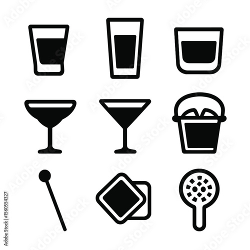 Vodka Glassware Icons. Solid, filled icon set of vodka glassware: shot glass, highball glass, tumbler, coupe glass, martini glass,