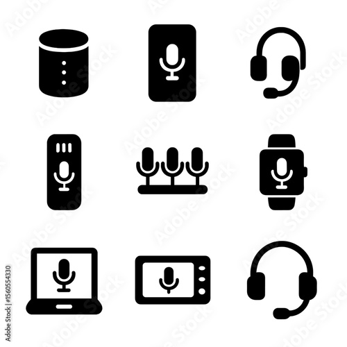 Voice Device Icons. Solid, filled icon set of voice input devices: smart speaker, smartphone with voice command, Bluetooth headset