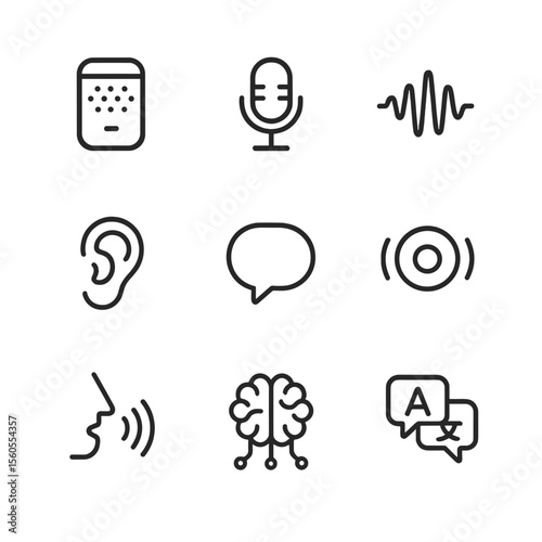 Voice Assistant Icons. Outline icon set of voice assistants: smart speaker, microphone, waveform, listening ear, speech bubble,