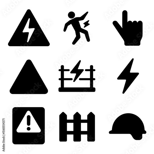 Voltage Warning Icons. Solid, filled icon set of voltage warning signs: high voltage, electric shock hazard, do not touch, danger