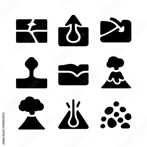 Volcanic Geology Icons. Solid, filled icon set of volcanic geology concepts: tectonic plates, magma chamber, subduction zone,