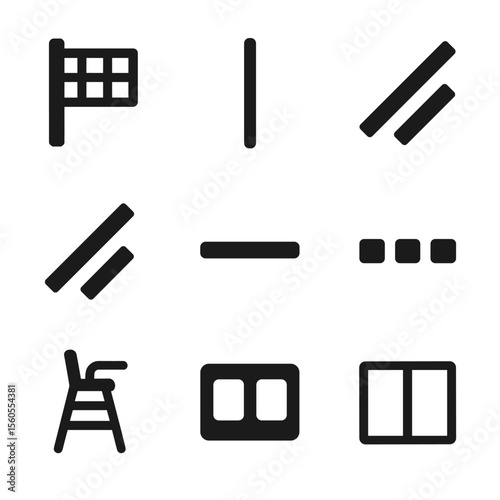Volleyball Court Icons. Solid, filled icon set of volleyball court elements: net post, antenna, boundary line, attack line,