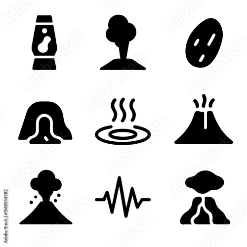 Volcanic Activity Icons. Solid, filled icon set of volcanic activity features: lava lamp, smoke plume, volcanic bomb, lava tube,