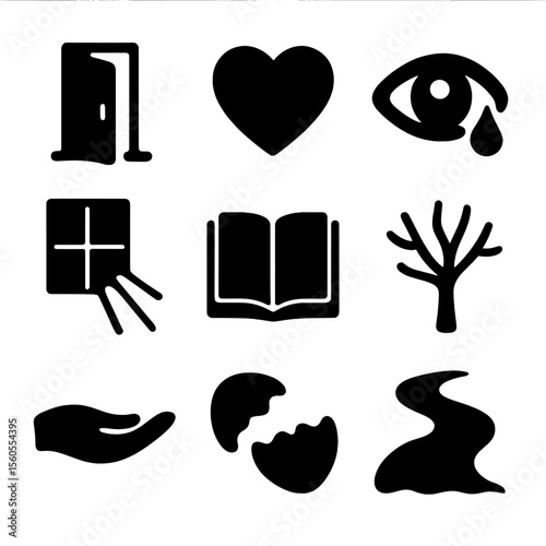 Vulnerability Icons Grid. Solid, filled icon set of vulnerability and openness: open door, exposed heart, eye with tear, light