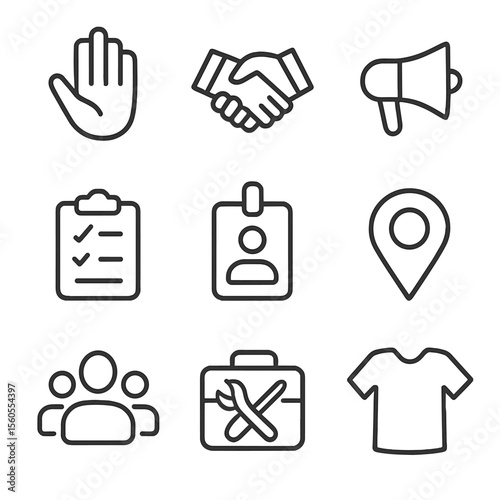 Volunteer Icons Set. Outline icon set of volunteer work: helping hand, handshake, megaphone, clipboard, badge, map pin, group of