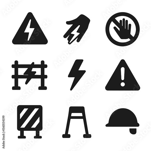 Voltage Warning Icons. Solid, filled icon set of voltage warning signs: high voltage, electric shock hazard, do not touch, danger