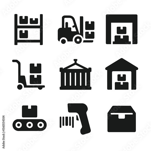Warehouse Icons Set. Solid, filled icon set of warehouse hubs: storage racks, forklift, loading dock, pallet jack, shipping