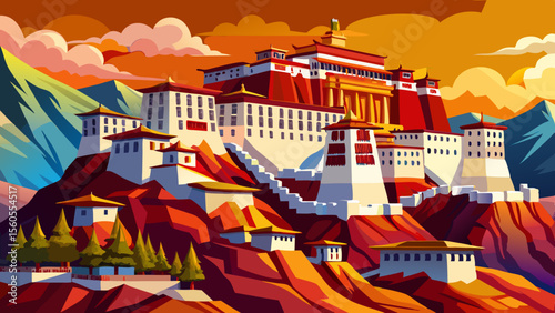 Potala Palace in Lhasa, Tibet towers above the rocky mountainside, with red and white walls stacked in layers, radiating spiritual power and historical depth in high-altitude serenity.