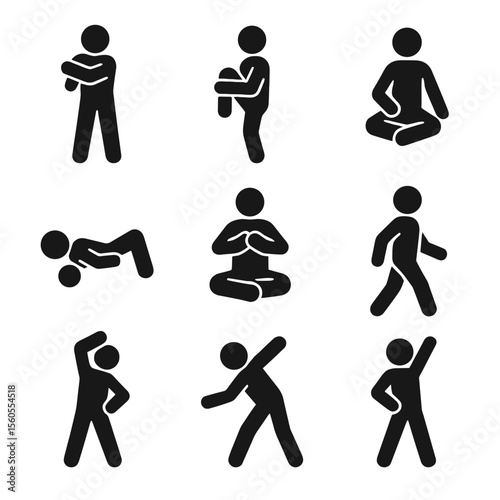 Warm-Up Icon Set. Solid, filled icon set of warm-up and cooldown: light stretching, knee hugs, torso twist, foam roll back, deep