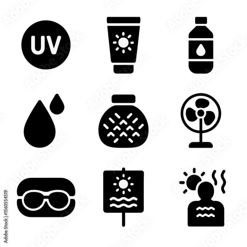 Warm Weather Icons. Solid, filled icon set of warm weather essentials: UV index, sunblock tube, hydration icon, sweat drop, ice