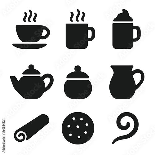 Warm Beverage Icons. Solid, filled icon set of warm beverages: tea cup, coffee mug, hot chocolate, teapot, sugar bowl, milk jug,