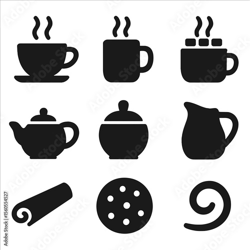 Warm Beverage Icons. Solid, filled icon set of warm beverages: tea cup, coffee mug, hot chocolate, teapot, sugar bowl, milk jug,