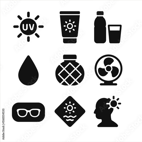 Warm Weather Icons. Solid, filled icon set of warm weather essentials: UV index, sunblock tube, hydration icon, sweat drop, ice