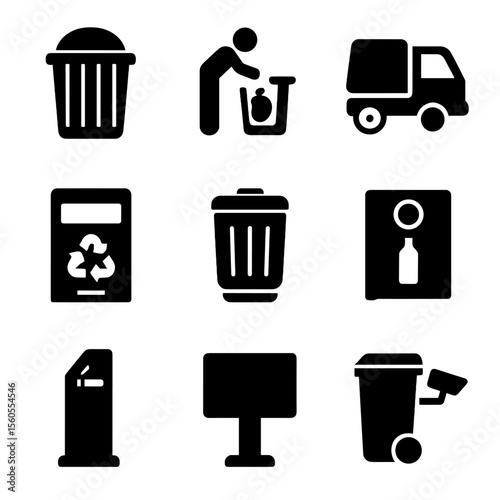 Waste Disposal Icons. Solid, filled icon set of public waste disposal systems: city bin, park waste unit, street sweeper,